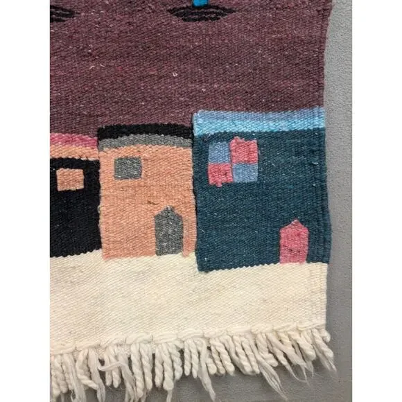Southwestern Rug Wall Hanging Hand Loomed Woven Landscaping 42x28 Town Scene